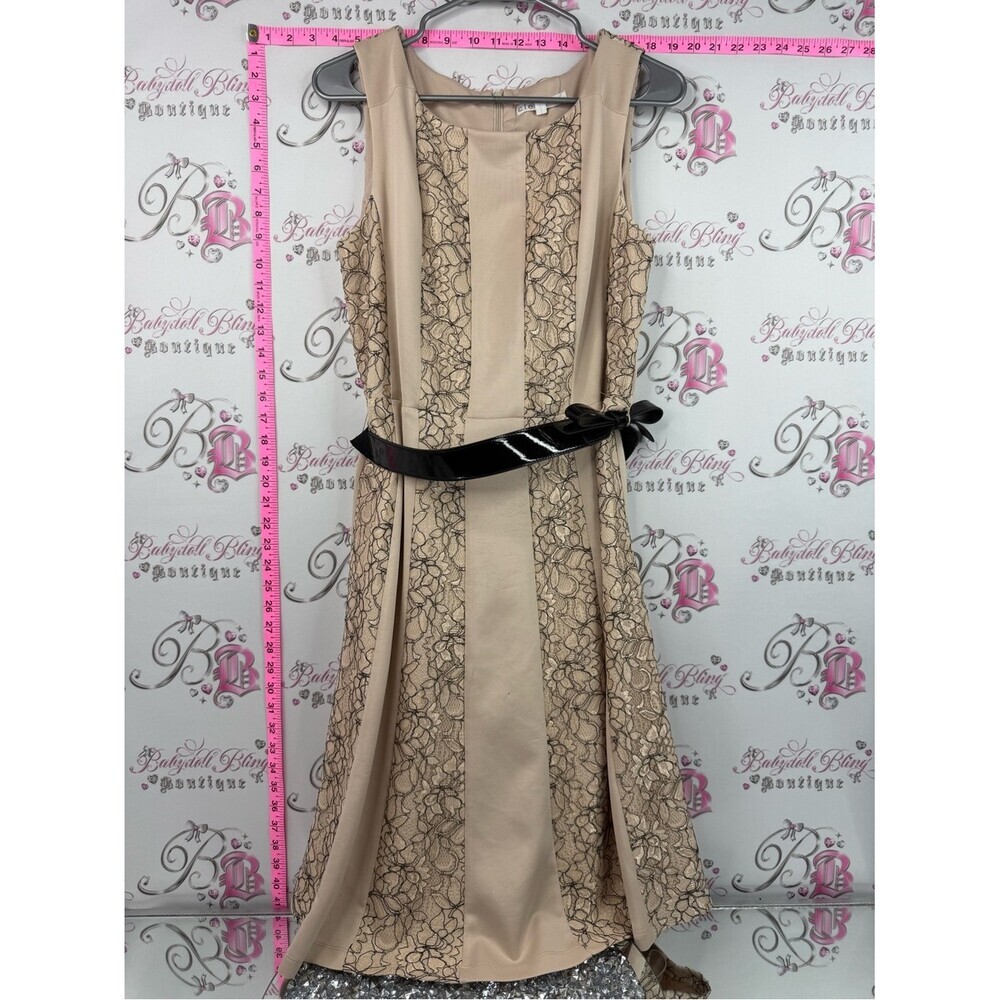 cleo dress belted Beige Lace-Panel Midi Dress with Patent Black Belt